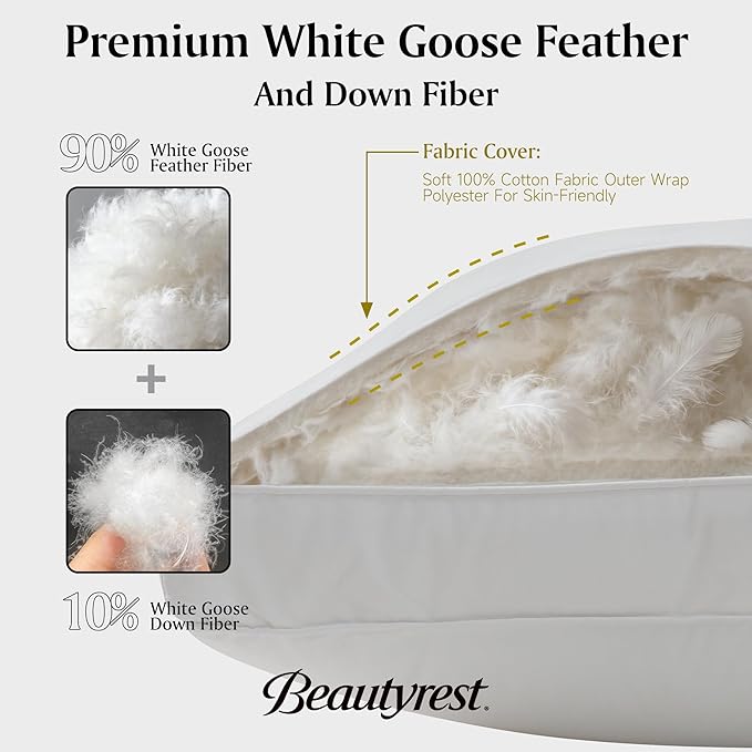 Beautyrest Goose Feather Down Fiber Gusseted Pillows, Hotel Pillow Luxury Bed Pillows, 100% Cotton Cover, King Size Set of 2