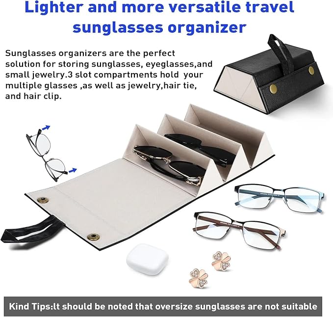 Portable Foldable Glasses Box 3/5 Multi-Slot Eyeglass Storage Display Organizer PU Leather Travel Sunglasses Case(Khaki,Medium)