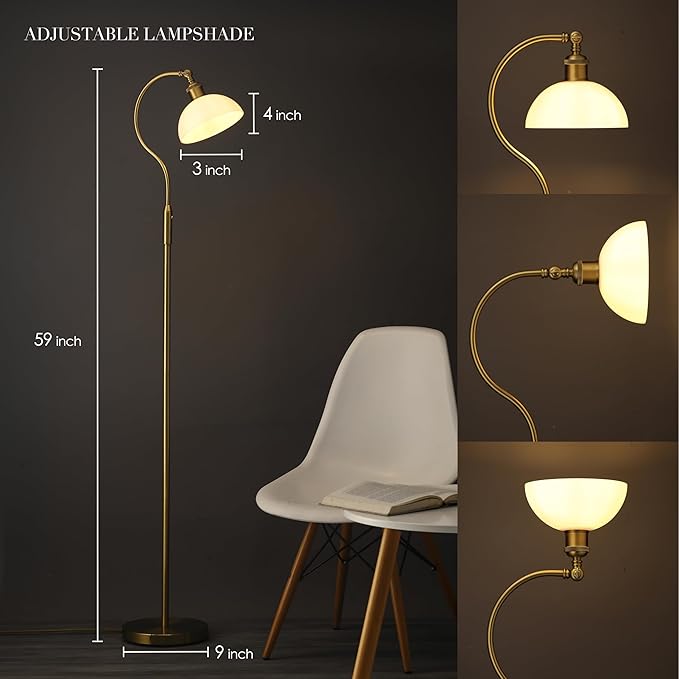 O’Bright Heritage - Banker’s Floor Lamp, 3-Level Touch Dimming, Adjustable Tilt Shade, Removable Lampshade Design, E26 Socket with 6W Dimmable LED Bulb, White Jade Glass Shade, Antique Brass