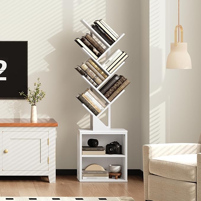 Tree Bookshelf, 6 Tier Bookcase with 2 Storage Racks, Free Standing Wooden Bookcase, Floor Standing Book Shelf Organizer for Living Room, Bedroom, Study, Home Office, White