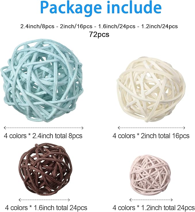 Patelai 72 Pcs Wicker Rattan Balls Decorative Balls for Vase Centerpiece Bowls Orbs Filler for Spring Summer Craft Home Decor, 4 Sizes(Light Blue, Light Brown, Dark Brown, White)