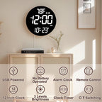 Large 12" White Digital Wall Clock with Remote Control | LED Display Plug-in Clock with 3 Brightness Levels & Temperature Display Perfect for Home, Gym, Classroom, Office