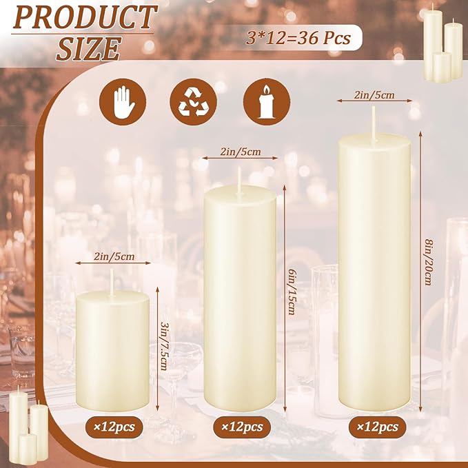 Ivroy Pillar Candles Bulk Set of 36，Hurricane Candles，3 Different Lengths 2 x 3/6/8 Inch (12 Each)，Dripless Unscented Smokeless，Gives You a Better Atmosphere When Organizing an Event Party.