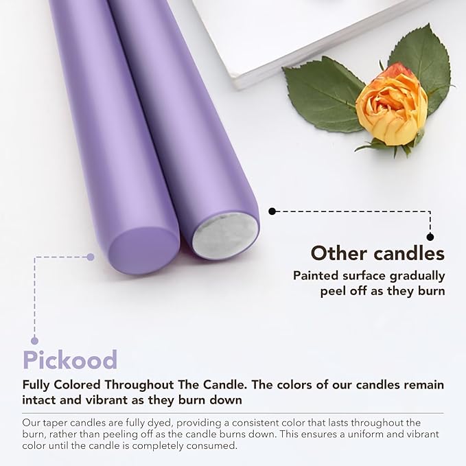 New Burning Formula Unscented Dripless 12-Inch Taper Candles Set of 12 - Lavender, for Wedding, Dinner - Smokeless, Long Burning - Hand Poured, Colored Tall Candlesticks - Lavanda