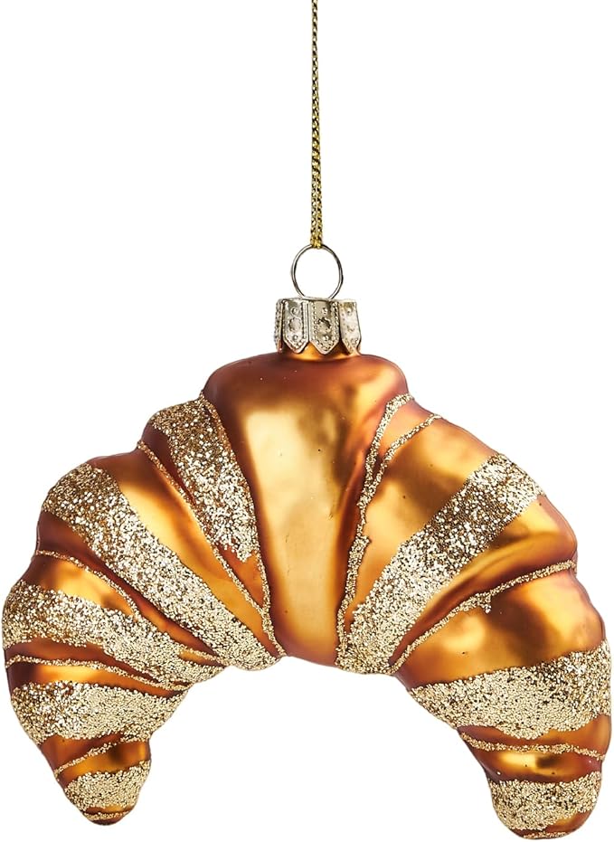 Gold Ornaments for Christmas Tree 2025 - Croissant Blown Glass Christmas Decorations, 3D Hanging Christmas Ornament for Tree Xmas Home Decor Outdoor Fun Food Mini Centerpiece