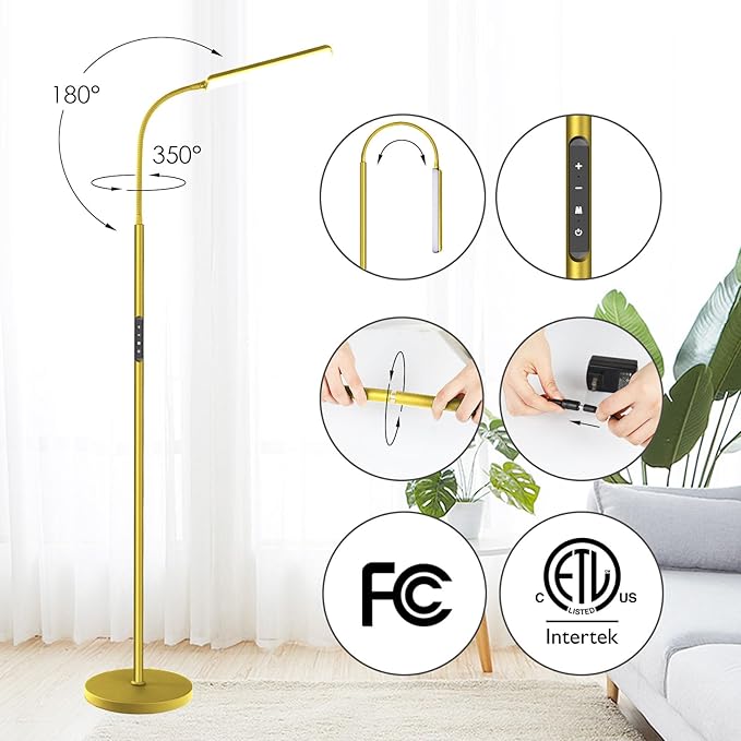 Dimunt LED Floor Lamp, Bright 15W Floor Lamps for Living Room with 1H Timer, Stepless Adjustable 3000K-6000K Colors & Brightness Standing Lamp with Remote & Touch Control Reading Floor Lamps-Golden