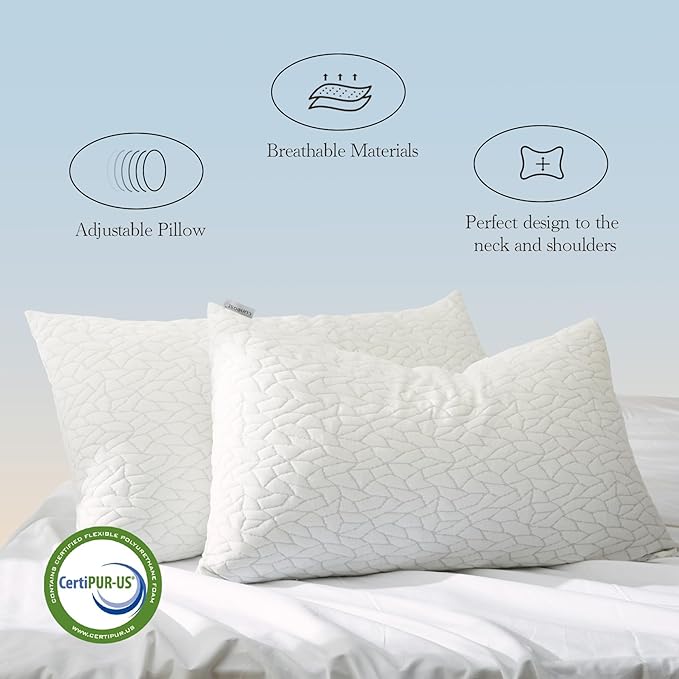 Memory Foam Pillows for Sleeping Adjustable Bamboo Blend Breathable Bed Pillow for Side, Back, and Stomach Sleepers Washable Pillow Cover Dream Cloud Queen Size 18X28 in