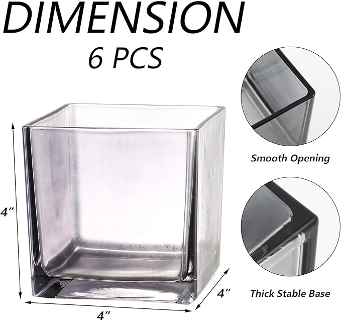 Square Glass Vases Set of 6, 4" x 4" x 4" Square Flower Vases for Centerpieces, Grey Vase for Flowers, Small Vase for Wedding, Party, Home Office Decoration