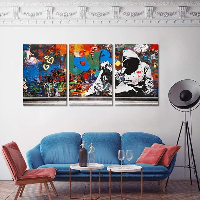 Novatique Bedroom Graffiti Canvas Wall Decor Banksy Classic Street Art Canvas Print Framed Abstract Graffiti Poster Home Decor for Bedroom Living Room Bathroom, 20" x 28" x 3Pcs
