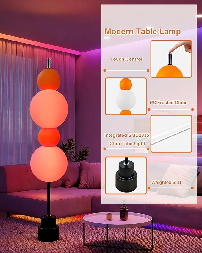 Lightdot RGB& 3000K Floor Lamp with Touch Control, Dimmable Colors Temperature, Globe Modern Floor Lamp with Smart Bulb Included, Orange Standing Lamps for Living Room/Sofa Beside/Corner Decor