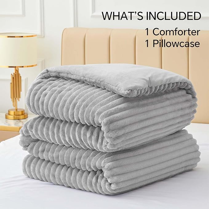 BEDELITE Fleece Twin Comforter Set -Super Soft & Warm Fluffy Light Grey Bedding, Luxury Fuzzy Heavy Bed Set for Winter with 1 Pillow case