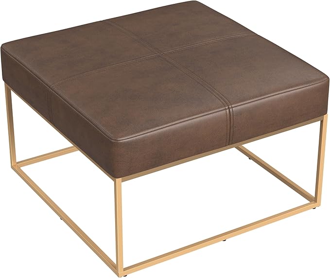 Homepop Decorative Large Square Gold Metal Ottoman | Ottoman Stool for Living Room & Bedroom | Decorative Home Furniture (Brown Faux Leather)