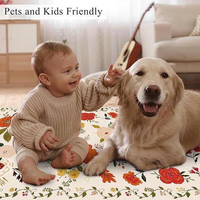 U'Artlines Indoor Door Mat Entrance Rug 2'x3'Soft Non Slip Machine Washable Floral Small Area Rug Carpet for Entryway Kitchen Bathroom Bedroom Beige