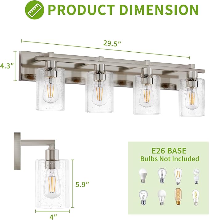 Espird Bathroom Vanity Light, 4 Light Brushed Nickel Vanity Lights with Thickened Seeded Glass Shade, 30 inch Modern Bathroom Light Fixtures, Bathrooms Lights Fixtures Over Mirror