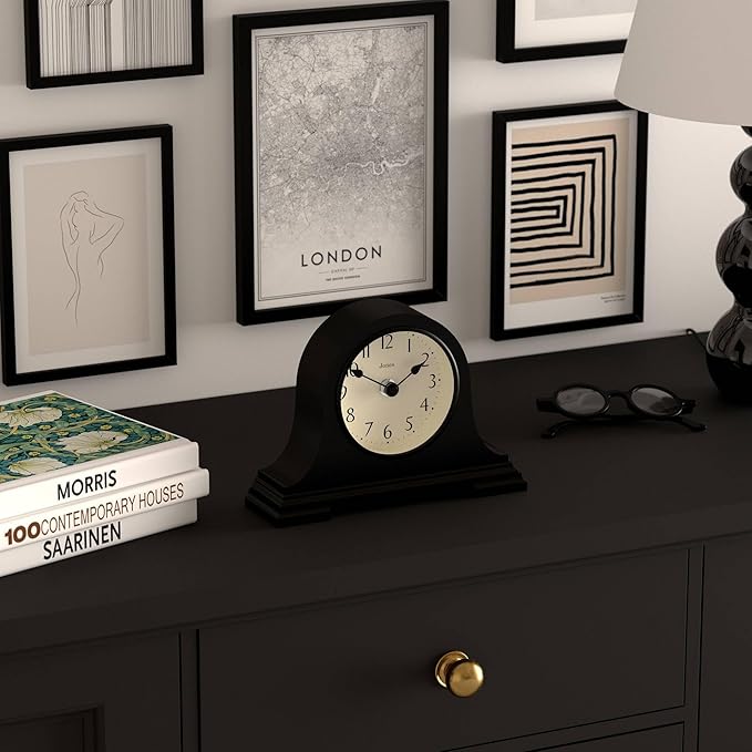 JONES CLOCKS® Speakeasy Mantel Clock | Classic Napoleon’s hat Design | Black | Contemporary Classic Style for Desk, Table, Shelf or Bedside