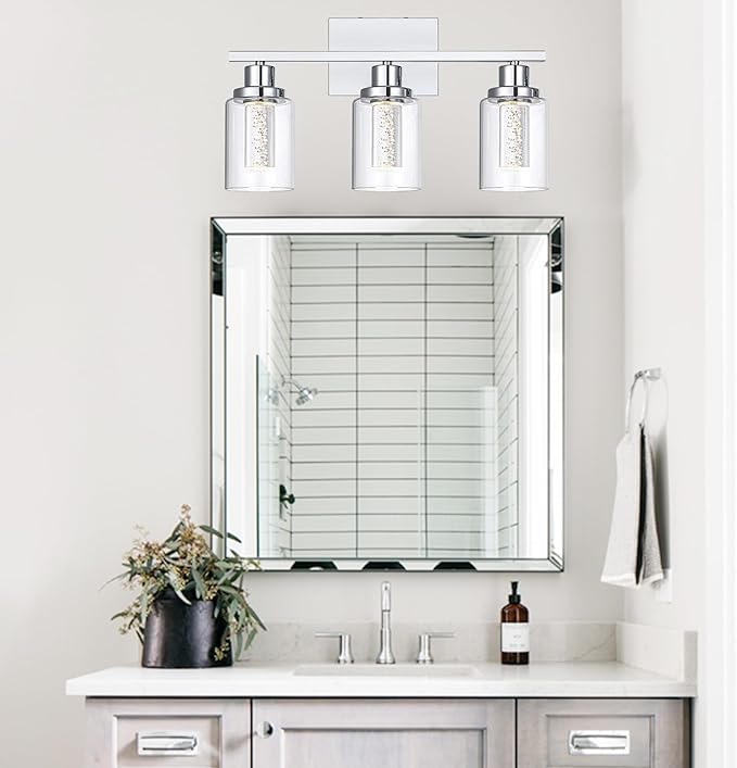 MELUCEE 5 Color Dimmable Vanity Lights 3 Light LED Bathroom Light Fixtures Chrome Bathroom Lights Over Mirror Wall Light Fixtures with Crystal Bubble Clear Glass Shade, Built-in LED Chips
