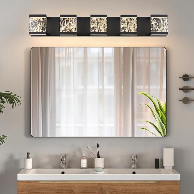 MELUCEE LED Bathroom Lighting Fixtures Over Mirror 5 Lights Black LED Vanity Lighting with Unique Smoke Acrylic Panel Modern Led Bathroom Light Bar, 25W 3000K Warm Lighting