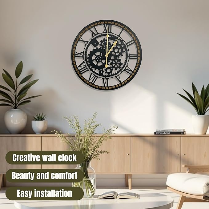 16 Inch Wall Clock, Gear Clock, Silent Non Ticking, Battery Operated Large Wall Clocks for Living Room Decor, Kitchen, Office (Vintage Industrial Steampunk)