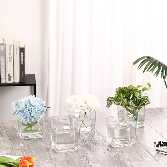 Square Glass Vases Set of 4, 5" x 5" x 5" Clear Flower Vases for Centerpieces, Square Vase for Flowers, Small Vase for Wedding, Party, Home Office Decoration