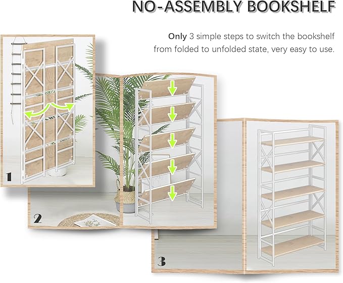 4NM Extra Wide 5 Tiers No Assembly Book Shelves, 51.2" H Folding Bookshelf Bookcase Open Industrial Foldable Shelves for Bedroom, Living Room, Home Office - Natural White