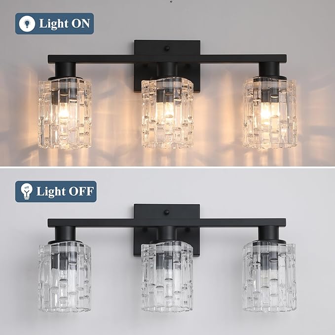 3 Light Matte Black Bathroom Vanity Light Over Mirror, Modern Vanity Lighting with Crystal Glass Shade, Wall Mount Bathroom Light Fixtures, E26 Base
