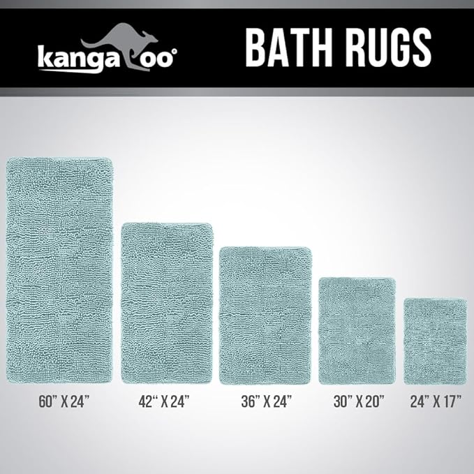 KANGAROO Bathroom Rugs, Chenille Soft Absorbent Bath Rug, Shaggy Shower Mat, Quick Dry Machine Wash Bathmat, Plush Carpet Mats for Tub, Bathtub and Room Home Decor Accessories, 30x20, Seafoam
