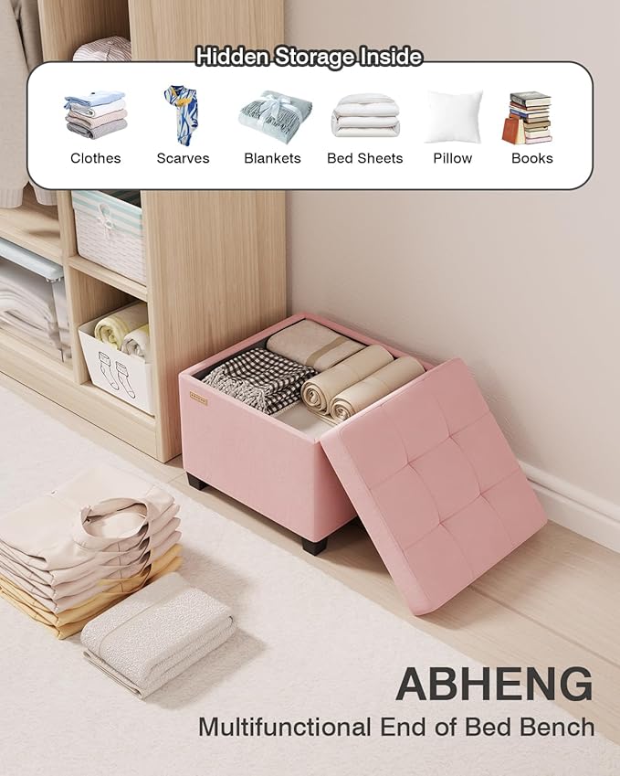 17.7 inches Velvet turfed Ottomans Cube with Legs, Metal-Framed Square Storage Ottoman Foot Rest Stool Holds 770 LB for Dorm Living Room Bedroom Pink UASND64P