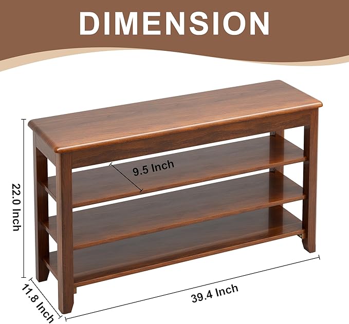 Shoe Storage Bench for Entryway - 4 Tier Shoe Rack for Front Door Entrance, Rubberwood Shoe Rack with Bench Height Adjustable, Entryway Bench with Shoe Storage for Any Room (Walnut, 39.4" W)