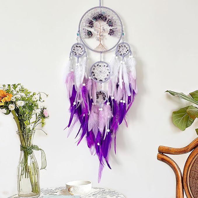 Tree of Life Dream Catchers, Perfect Butterfly Crystal Handmade Art Dream Catchers for Home Wall Hanging Decoration, Kids Bedroom Decor, Adults Teens Girls Festival Blessing Gift (Purple)