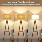 Rattan Wood Floor Lamp Tripod with Shelves, Mid Century Modern Floor Lamps for Living Room, 3 Color Temperatures with Foot Switch, Boho Standing Lamp for Bedroom Decor Walnut Brown Tall Lamps