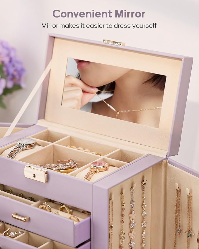Homde Valentine's Day Gifts Synthetic Leather Huge Jewelry Box Mirrored Watch Organizer Necklace Ring Earring Storage Lockable Gift Case (Grey Purple + Gold)