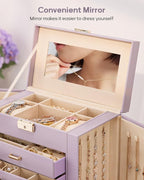 Homde Valentine's Day Gifts Synthetic Leather Huge Jewelry Box Mirrored Watch Organizer Necklace Ring Earring Storage Lockable Gift Case (Grey Purple + Gold)