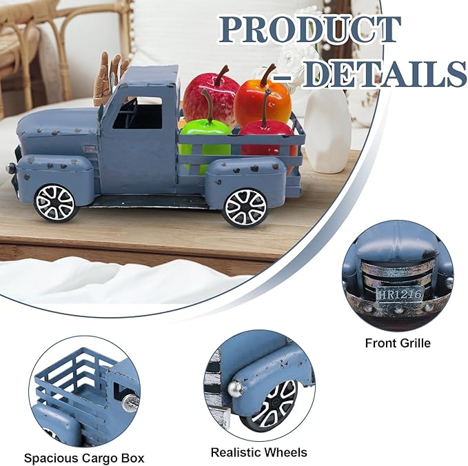 Metal Truck Decor with Christmas Fruit, Blue Vintage Farm Pickup Farmhouse Tabletop Tiered Tray Decorations, Rustic for Home Kitchen Table Top (Light Blue)