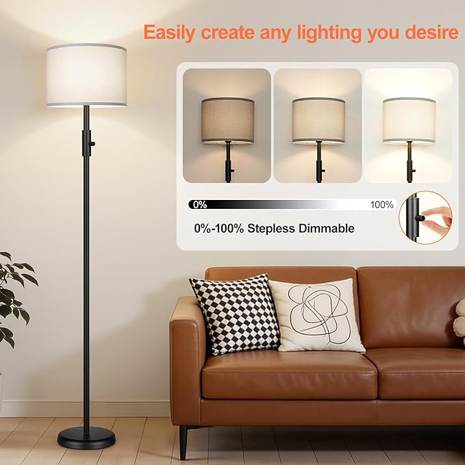 Floor Lamp Simple Design with Shade, Small Tall Lamps for Living Room Bedroom Office Dining Room Kitchen, Black Pole Lamp-Gray