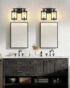 2-Light Black Bathroom Light Fixtures, 13.8 Inch Modern Bathroom Vanity Lighting Fixtures Over Mirror with Clear Glass and Metal Cage Wall Sconce Lights for Bath, E26, OS-3014BK-2W