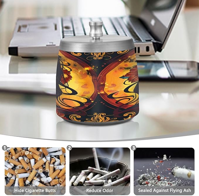 Girl Day Of The Dead Ashtray with Lid, Outdoor Ashtrays for Patio, Stainless Steel Ashtray Odorless Smokeless for Home Office Balcony