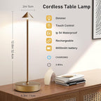 Rechargeable Cordless Table Lamp, 6000mAh LED Battery Operated Desk Lamp Touch 3 Color Stepless Dimming Portable Outdoor Waterproof Table Light for Patio/Restaurant/Dining/Home(Bronze)