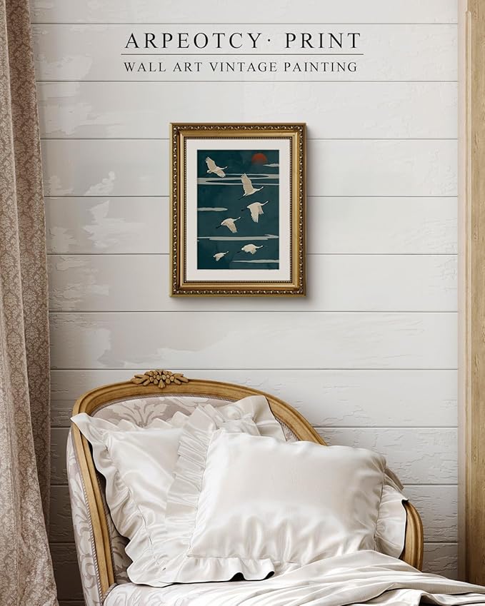 ARPEOTCY Flying Cranes Wall Art, Framed Japanese Crane Painting Print, Ornate Gold Frame, 11×14 Inch Elegant Asian Nature Décor for Living Room, Bedroom or Study