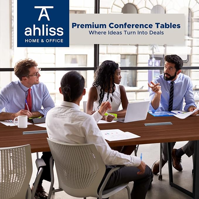 Sturdy Conference Table with Cable Management Grommets Modern Rectangle Office Meeting Table with Wood Tabletop and Metal Frame & Legs- Easy Assembly Boardroom Table (Mahogany, 8 Foot)