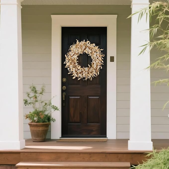 24 Inch White Floral Wreaths for Front Door - Spring Summer Decor with Artificial Eucalyptus, Boxwood & Grain Stems, All Season Farmhouse Wreath for Indoor Outdoor