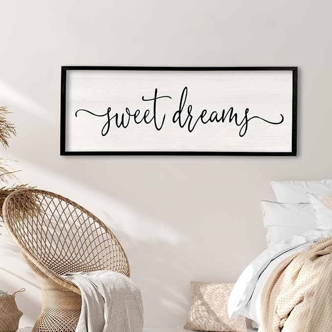 Surfapans Sweet Dreams Wall Decor Above Bed 32"x12" Master Bedroom Guest Room Wood Framed Rustic Over Bed Wall Art Sign (Black)