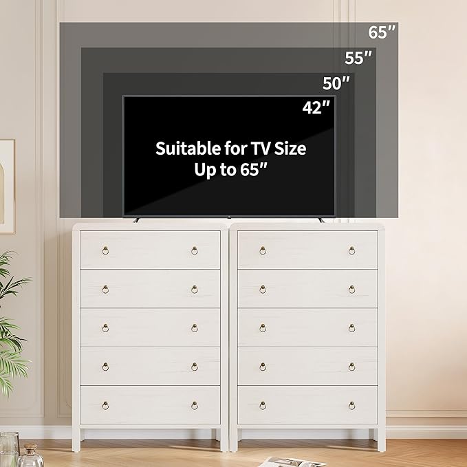 GarveeHome 5 Drawer Dresser for Bedroom, 47" Tall Modern Chest of Drawers, Curved Profile Design, Wood Drawer Organizer for Bedroom, Living Room, Hallway, Entryway, White