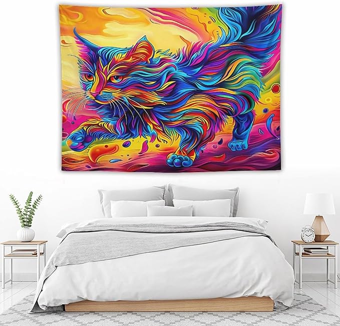 VUMIVI Colorful Cat Tapestry Pet Oil Painting Print Rainbow Colorful Abstract Art Pattern Tapestry Wall Hanging for Living Room Bedroom Dorm Classroom Aesthetic Decor W80xL60in