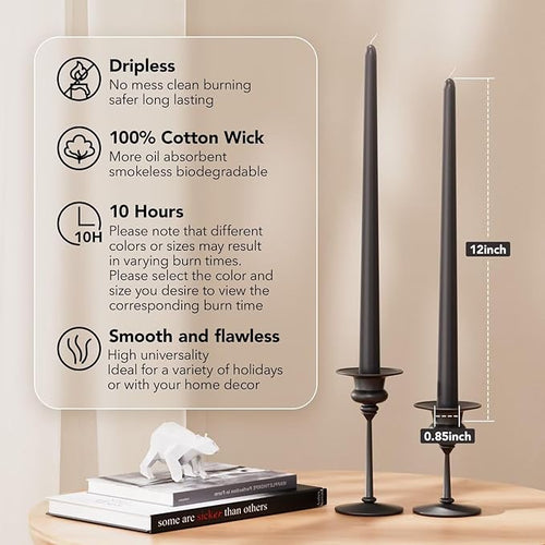 12-Inch Tall Dripless Taper Candles Set of 4 - Black Gray Tapered Candles, Perfect for Spring - Smokeless, Unscented, Long Burning - Hand Poured, Colored Tall Candlesticks - Dark Gray