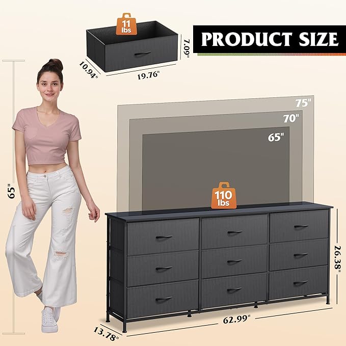 WLIVE 63''W Dresser for Bedroom, Black Dresser TV Stand for 65, 70, 75 inch TV, Wide Chest of Drawers with 9 Drawer, Large Entertainment Center, Fabric Dressers with Wood Top for Closet, Living Room