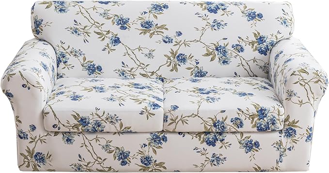 KRFOONN 3 Piece Printed Couch Cover for 2 Cushion Couch Stretch Sofa Loveseat Slipcover with 2 Separate Seat Cushion Covers Furniture Protector with Elastic Bottom for Living Room (Loveseat, 51)