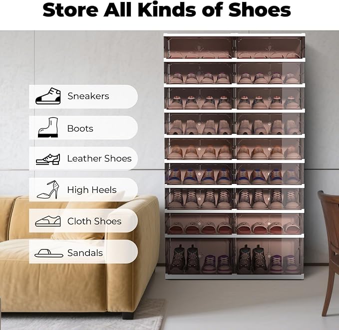 9 Tier 18 Pairs Foldable Shoe Rack with Wheels, Portable Plastic Shoe Storage Cabinet with Clear Magnetic Doors Space Saving No Assembly for Entryway, Living Room, Closet