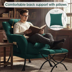 Lazy Chair with Ottoman, Large Lounge Accent Chair with Ottoman and a Throw Pillow, Dark Green Reading Chair for Living Room Bedroom Dorm Room Office Apartment Relaxing Use
