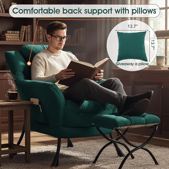 Lazy Chair with Ottoman, Large Lounge Accent Chair with Ottoman and a Throw Pillow, Dark Green Reading Chair for Living Room Bedroom Dorm Room Office Apartment Relaxing Use