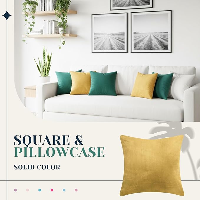 Pack of 6 Decorative Velvet Throw Pillow Covers Solid Square Soft Pillowcase Set Cushion Cases for Sofa Couch Bed Car Christmas Fall Home Decor 18 x 18 inch(Gold and Green)